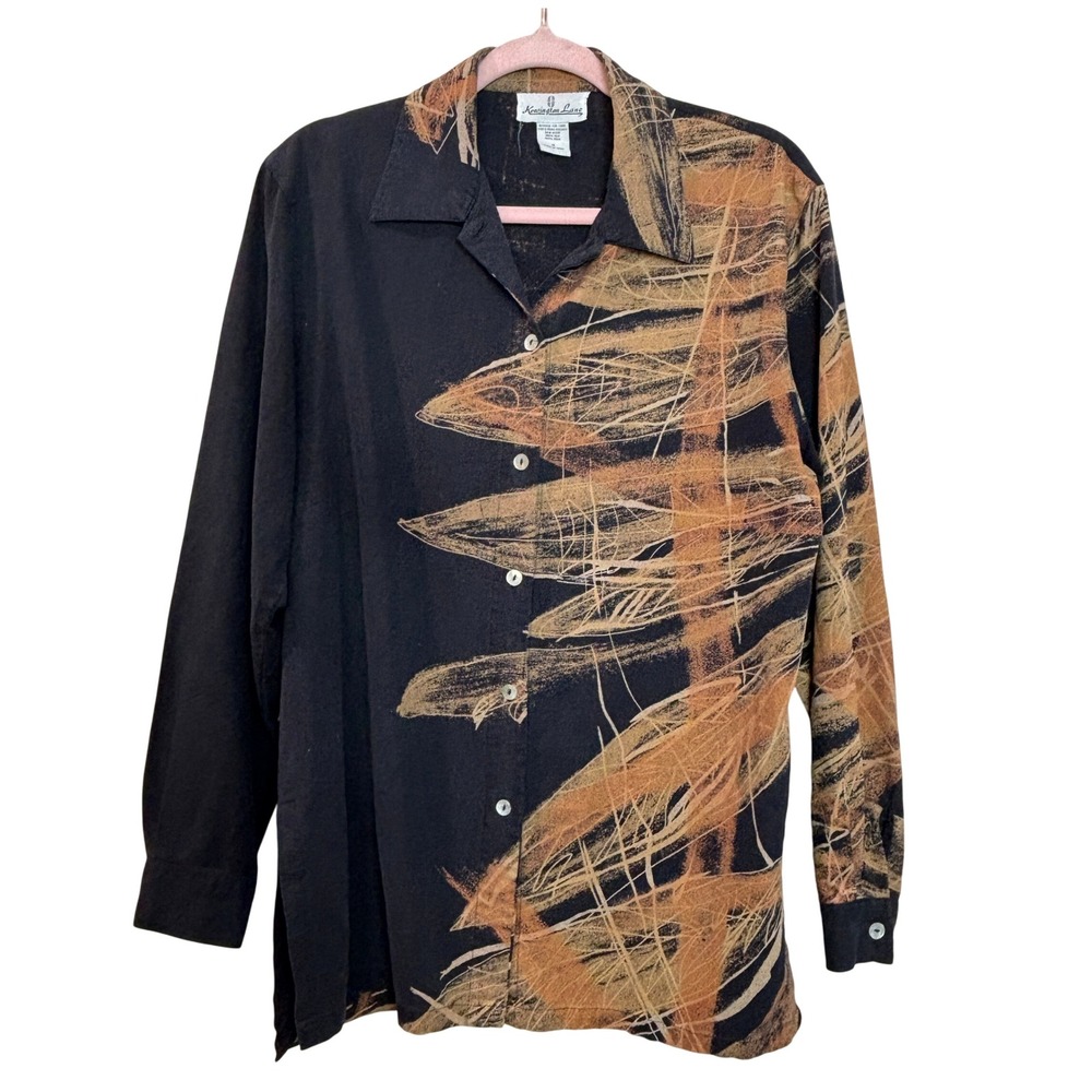 VNTG Silk‎ Button Long Sleeve Abstract Art Blouse Top Black Bronze Brushstroke M